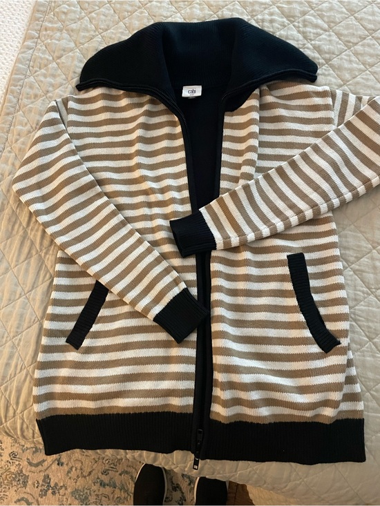 CAbi Sweaters - CAbi Striped Zip Cardigan in Beige, White & Black